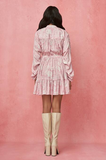 Shop Label Frow Pink Crepe Collared Bailarina Floral Print Frilled Dress at Aza Fashions Shop_Label Frow_Pink Crepe Collared Bailarina Floral Print Frilled Dress_at_Aza_Fashions