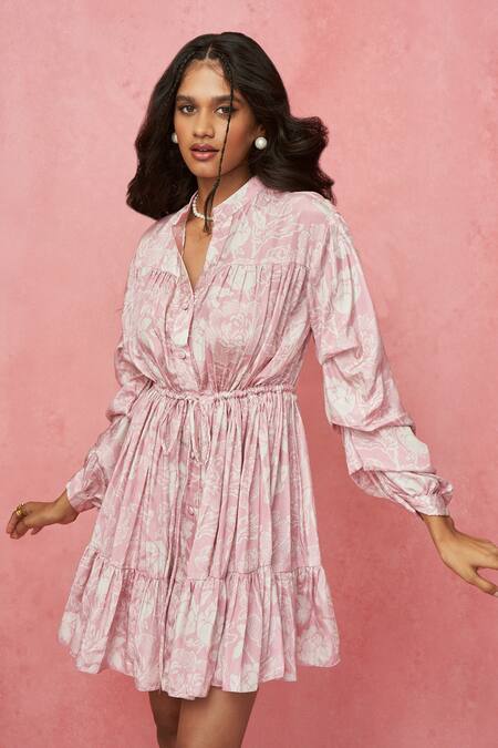 Buy Label Frow Pink Crepe Collared Bailarina Floral Print Frilled Dress Online at Aza Fashions Buy_Label Frow_Pink Crepe Collared Bailarina Floral Print Frilled Dress_Online_at_Aza_Fashions