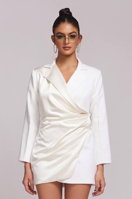 Label Frow White Satin, Crepe Collared Diane Lapel Dress Online at Aza Fashions Label Frow_White Satin, Crepe Collared Diane Lapel Dress_Online_at_Aza_Fashions