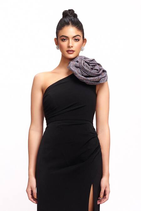 Label Frow Black Crepe Fabric Flowers Asymmetric Elizabeth Embellished Gown Online at Aza Fashions Label Frow_Black Crepe Fabric Flowers Asymmetric Elizabeth Embellished Gown_Online_at_Aza_Fashions