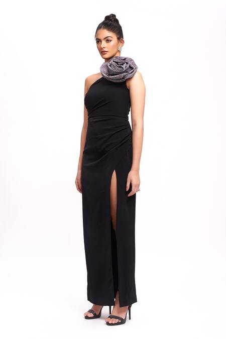 Buy_Label Frow_Black Crepe Fabric Flowers Asymmetric Elizabeth Embellished Gown_Online_at_Aza_Fashions