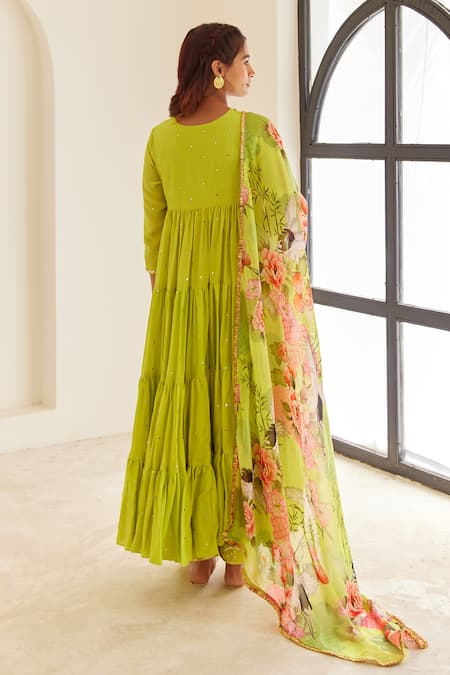Shop House Of Pink Green Chanderi, Organza Sequins Round Neck Embellished Tiered Anarkali Pant Set at Aza Fashions Shop_House Of Pink_Green Chanderi, Organza Sequins Round Neck Embellished Tiered Anarkali Pant Set _at_Aza_Fashions