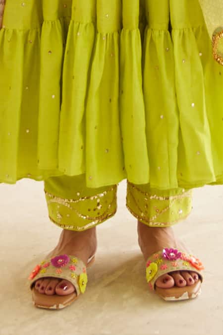 House Of Pink Green Chanderi, Organza Sequins Round Neck Embellished Tiered Anarkali Pant Set Online at Aza Fashions House Of Pink_Green Chanderi, Organza Sequins Round Neck Embellished Tiered Anarkali Pant Set _Online_at_Aza_Fashions