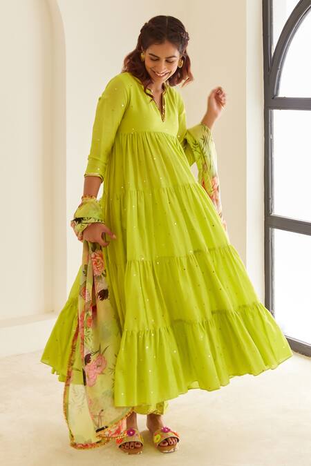 Buy House Of Pink Green Chanderi, Organza Sequins Round Neck Embellished Tiered Anarkali Pant Set Online at Aza Fashions Buy_House Of Pink_Green Chanderi, Organza Sequins Round Neck Embellished Tiered Anarkali Pant Set _Online_at_Aza_Fashions