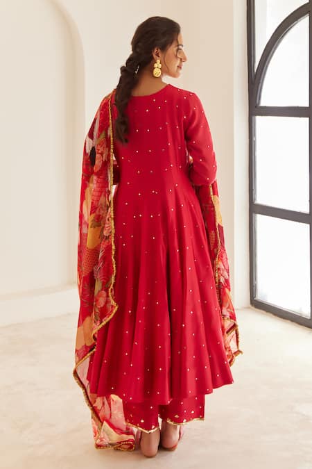 Shop House Of Pink Red Chanderi, Organza Sequins Round Neck, Embroidered Anarkali Pant Set at Aza Fashions Shop_House Of Pink_Red Chanderi, Organza Sequins Round Neck, Embroidered Anarkali Pant Set _at_Aza_Fashions