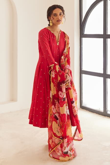 House Of Pink Red Chanderi, Organza Sequins Round Neck, Embroidered Anarkali Pant Set Online at Aza Fashions House Of Pink_Red Chanderi, Organza Sequins Round Neck, Embroidered Anarkali Pant Set _Online_at_Aza_Fashions