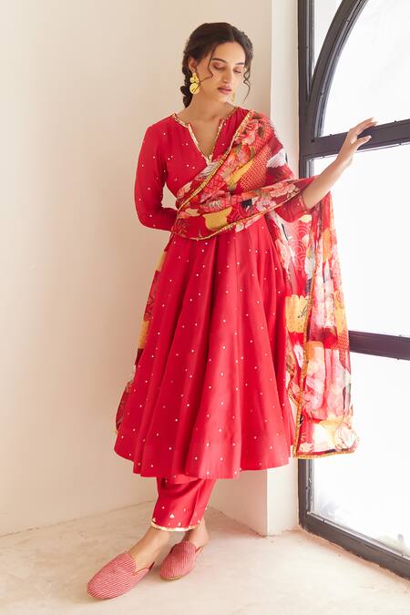 Buy House Of Pink Red Chanderi, Organza Sequins Round Neck, Embroidered Anarkali Pant Set Online at Aza Fashions Buy_House Of Pink_Red Chanderi, Organza Sequins Round Neck, Embroidered Anarkali Pant Set _Online_at_Aza_Fashions