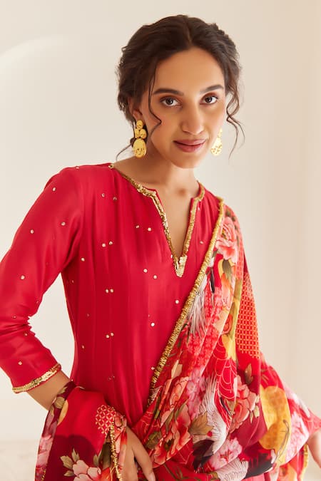 Shop House Of Pink Red Chanderi, Organza Sequins Round Neck, Embroidered Anarkali Pant Set Online at Aza Fashions Shop_House Of Pink_Red Chanderi, Organza Sequins Round Neck, Embroidered Anarkali Pant Set _Online_at_Aza_Fashions
