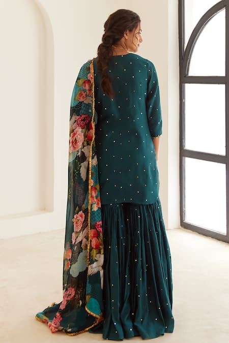 Shop House Of Pink Blue Chanderi, Organza Sequins Round Neck Embroidered Kurta Sharara Set at Aza Fashions Shop_House Of Pink_Blue Chanderi, Organza Sequins Round Neck Embroidered Kurta Sharara Set _at_Aza_Fashions