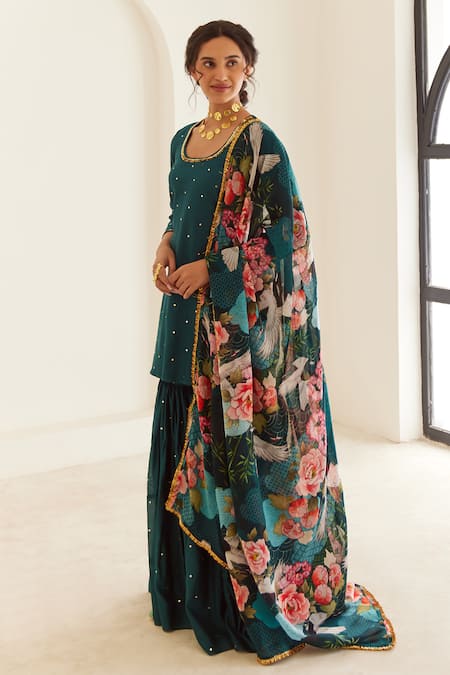 Buy House Of Pink Blue Chanderi, Organza Sequins Round Neck Embroidered Kurta Sharara Set Online at Aza Fashions Buy_House Of Pink_Blue Chanderi, Organza Sequins Round Neck Embroidered Kurta Sharara Set _Online_at_Aza_Fashions