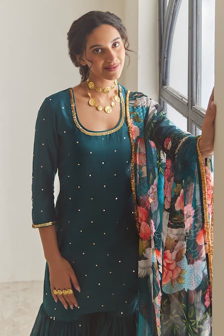 House Of Pink Blue Chanderi, Organza Sequins Round Neck Embroidered Kurta Sharara Set at Aza Fashions House Of Pink_Blue Chanderi, Organza Sequins Round Neck Embroidered Kurta Sharara Set _at_Aza_Fashions