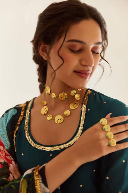 Buy House Of Pink Blue Chanderi, Organza Sequins Round Neck Embroidered Kurta Sharara Set Buy_House Of Pink_Blue Chanderi, Organza Sequins Round Neck Embroidered Kurta Sharara Set