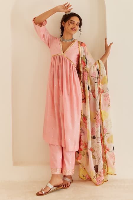 House of Pink Pink Kurta And Pant Chanderi Embroidered Sequin V Neck Gathered Anarkali Set