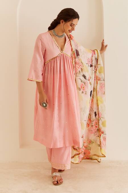 House Of Pink_Pink Chanderi, Organza Sequins V-neck Embroidered Gathered Anarkali Pant Set _Online_at_Aza_Fashions