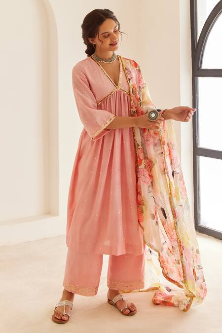Buy_House Of Pink_Pink Chanderi, Organza Sequins V-neck Embroidered Gathered Anarkali Pant Set _Online_at_Aza_Fashions