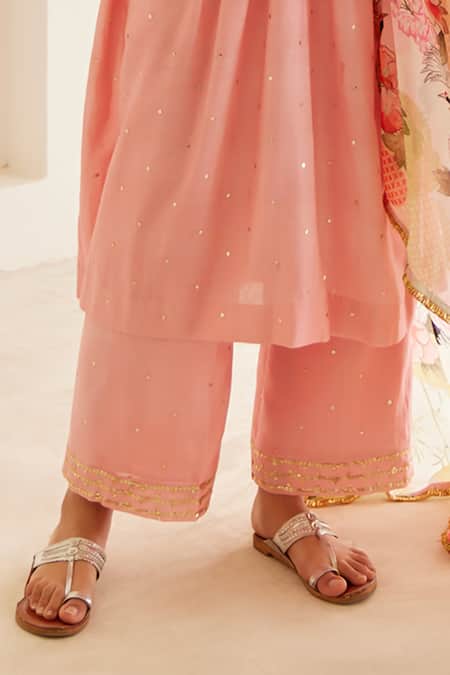 Shop_House Of Pink_Pink Chanderi, Organza Sequins V-neck Embroidered Gathered Anarkali Pant Set _Online_at_Aza_Fashions