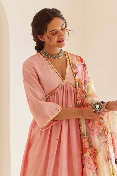 House Of Pink_Pink Chanderi, Organza Sequins V-neck Embroidered Gathered Anarkali Pant Set _at_Aza_Fashions