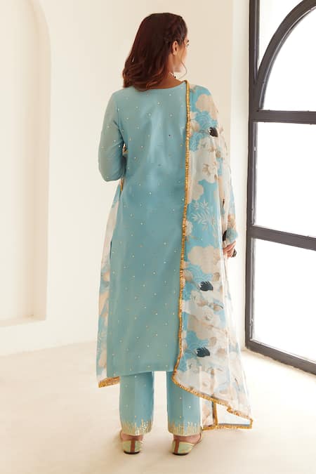 Shop House Of Pink Blue Chanderi, Organza Sequins, Lace V-neck Embroidered Straight Kurta Pant Set at Aza Fashions Shop_House Of Pink_Blue Chanderi, Organza Sequins, Lace V-neck Embroidered Straight Kurta Pant Set _at_Aza_Fashions