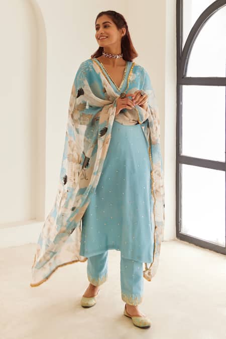 House Of Pink Blue Chanderi, Organza Sequins, Lace V-neck Embroidered Straight Kurta Pant Set Online at Aza Fashions House Of Pink_Blue Chanderi, Organza Sequins, Lace V-neck Embroidered Straight Kurta Pant Set _Online_at_Aza_Fashions