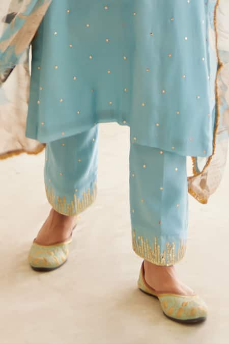 Buy House Of Pink Blue Chanderi, Organza Sequins, Lace V-neck Embroidered Straight Kurta Pant Set Online at Aza Fashions Buy_House Of Pink_Blue Chanderi, Organza Sequins, Lace V-neck Embroidered Straight Kurta Pant Set _Online_at_Aza_Fashions