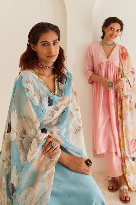 Buy House Of Pink Blue Chanderi, Organza Sequins, Lace V-neck Embroidered Straight Kurta Pant Set Buy_House Of Pink_Blue Chanderi, Organza Sequins, Lace V-neck Embroidered Straight Kurta Pant Set
