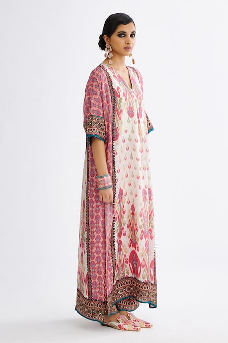Rajdeep Ranawat_Multi Color Silk Embroidery V-neck Banera Abstract Print Tunic With Pant_Online_at_Aza_Fashions
