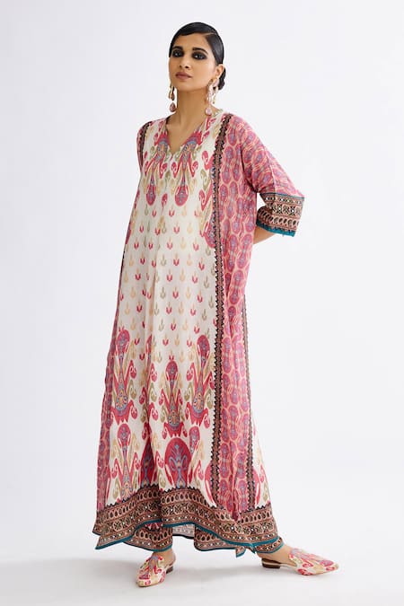 Buy_Rajdeep Ranawat_Multi Color Silk Embroidery V-neck Banera Abstract Print Tunic With Pant_Online_at_Aza_Fashions