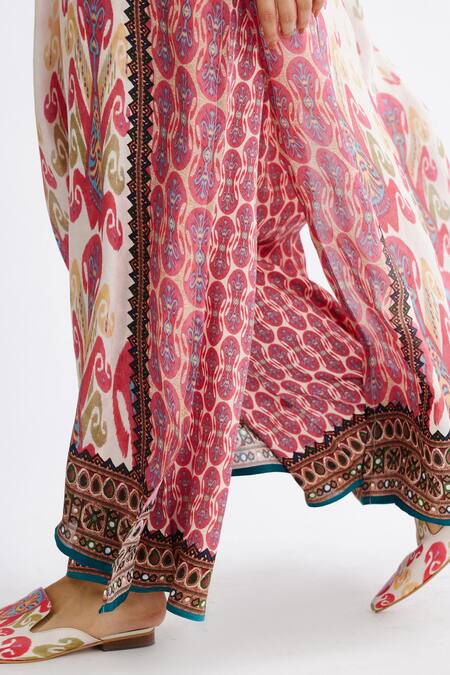 Shop_Rajdeep Ranawat_Multi Color Silk Embroidery V-neck Banera Abstract Print Tunic With Pant_Online_at_Aza_Fashions