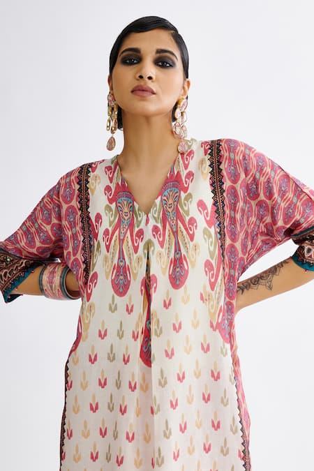 Rajdeep Ranawat_Multi Color Silk Embroidery V-neck Banera Abstract Print Tunic With Pant_at_Aza_Fashions