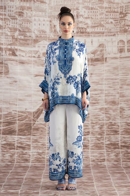 Rajdeep Ranawat_Blue Silk Embroidery Round Neck Chanel Floral Print Tunic With Pant_Online_at_Aza_Fashions