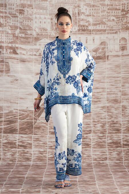 Buy_Rajdeep Ranawat_Blue Silk Embroidery Round Neck Chanel Floral Print Tunic With Pant_Online_at_Aza_Fashions