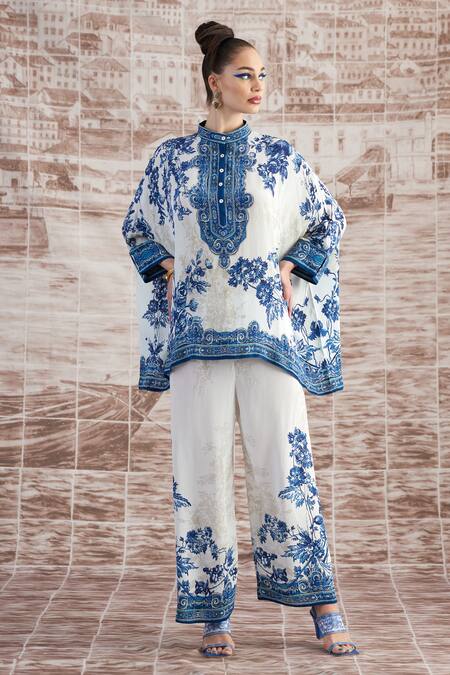 Shop_Rajdeep Ranawat_Blue Silk Embroidery Round Neck Chanel Floral Print Tunic With Pant_Online_at_Aza_Fashions