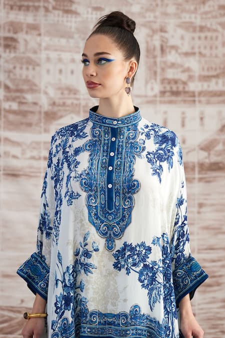 Rajdeep Ranawat_Blue Silk Embroidery Round Neck Chanel Floral Print Tunic With Pant_at_Aza_Fashions