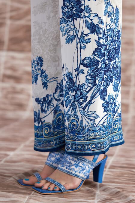 Buy_Rajdeep Ranawat_Blue Silk Embroidery Round Neck Chanel Floral Print Tunic With Pant