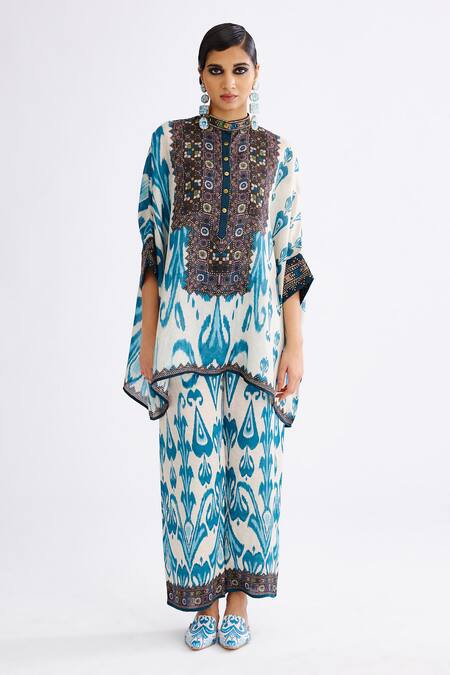 Rajdeep Ranawat_Blue Silk Collared Chanel Abstract Print Tunic With Pant_Online_at_Aza_Fashions