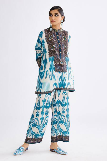 Buy_Rajdeep Ranawat_Blue Silk Collared Chanel Abstract Print Tunic With Pant_Online_at_Aza_Fashions