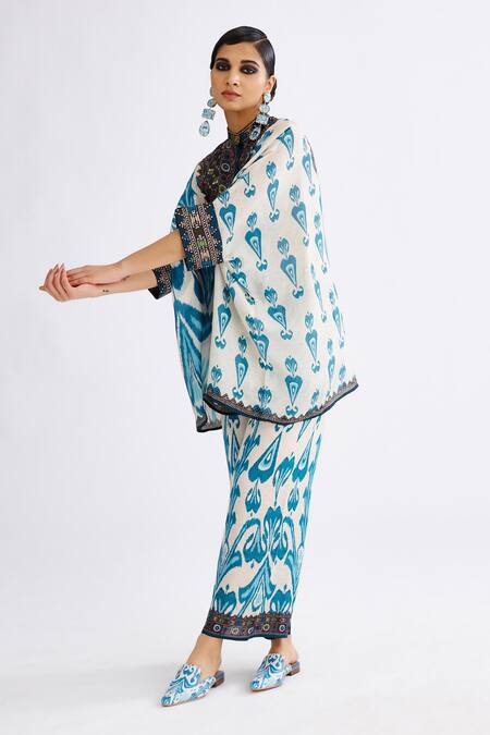 Shop_Rajdeep Ranawat_Blue Silk Collared Chanel Abstract Print Tunic With Pant_Online_at_Aza_Fashions
