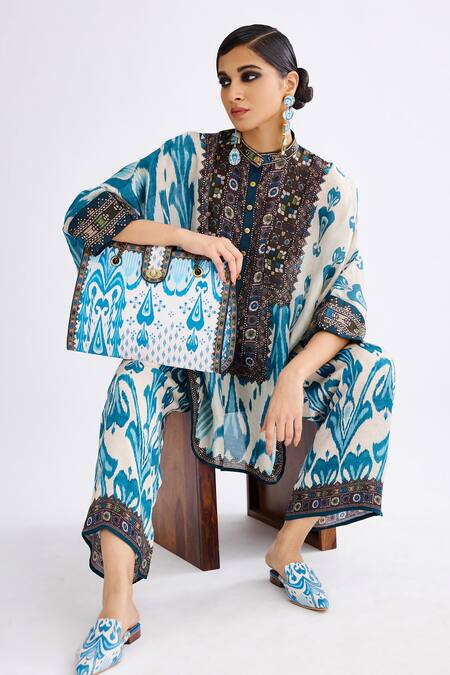 Shop_Rajdeep Ranawat_Blue Silk Collared Chanel Abstract Print Tunic With Pant