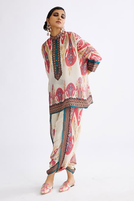 Rajdeep Ranawat Multi Color Silk Print Abstract Stand Collar Chanel Mandala Tunic With Pant 