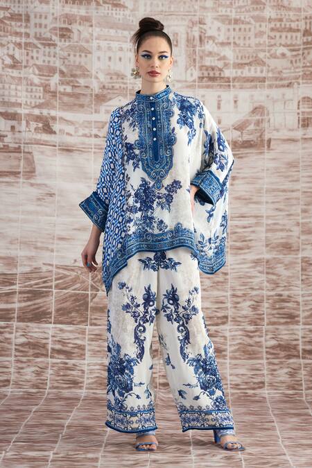 Rajdeep Ranawat Blue Silk Print Floral Stand Collar Flower Tunic With Pant  