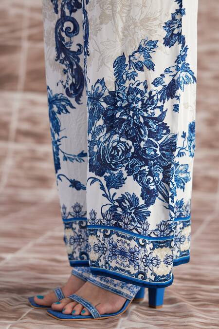 Rajdeep Ranawat_Blue Silk Embroidery Collared Flower Print Tunic With Pant_Online_at_Aza_Fashions