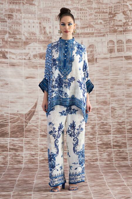 Buy_Rajdeep Ranawat_Blue Silk Embroidery Collared Flower Print Tunic With Pant_Online_at_Aza_Fashions