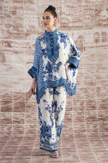 Rajdeep Ranawat_Blue Silk Embroidery Collared Flower Print Tunic With Pant_at_Aza_Fashions