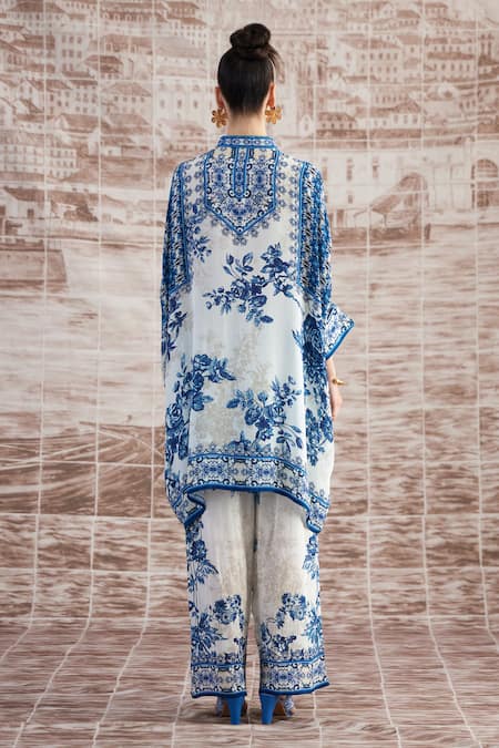 Shop Rajdeep Ranawat Blue Silk Embroidery Round Neck Flower Vine Print Poncho Tunic With Pant at Aza Fashions Shop_Rajdeep Ranawat_Blue Silk Embroidery Round Neck Flower Vine Print Poncho Tunic With Pant_at_Aza_Fashions