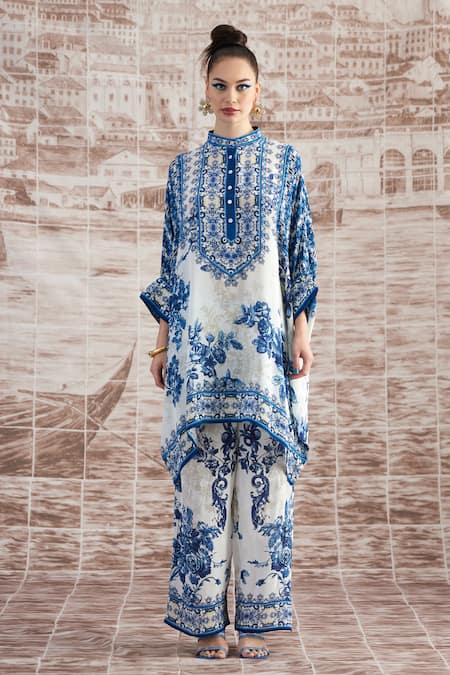 Rajdeep Ranawat Blue Silk Embroidery Round Neck Flower Vine Print Poncho Tunic With Pant Online at Aza Fashions Rajdeep Ranawat_Blue Silk Embroidery Round Neck Flower Vine Print Poncho Tunic With Pant_Online_at_Aza_Fashions
