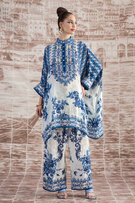 Buy Rajdeep Ranawat Blue Silk Embroidery Round Neck Flower Vine Print Poncho Tunic With Pant Online at Aza Fashions Buy_Rajdeep Ranawat_Blue Silk Embroidery Round Neck Flower Vine Print Poncho Tunic With Pant_Online_at_Aza_Fashions