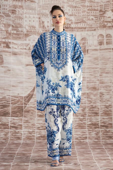 Shop Rajdeep Ranawat Blue Silk Embroidery Round Neck Flower Vine Print Poncho Tunic With Pant Online at Aza Fashions Shop_Rajdeep Ranawat_Blue Silk Embroidery Round Neck Flower Vine Print Poncho Tunic With Pant_Online_at_Aza_Fashions