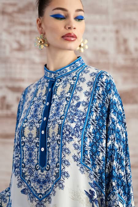 Rajdeep Ranawat Blue Silk Embroidery Round Neck Flower Vine Print Poncho Tunic With Pant at Aza Fashions Rajdeep Ranawat_Blue Silk Embroidery Round Neck Flower Vine Print Poncho Tunic With Pant_at_Aza_Fashions