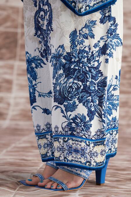 Buy Rajdeep Ranawat Blue Silk Embroidery Round Neck Flower Vine Print Poncho Tunic With Pant Buy_Rajdeep Ranawat_Blue Silk Embroidery Round Neck Flower Vine Print Poncho Tunic With Pant