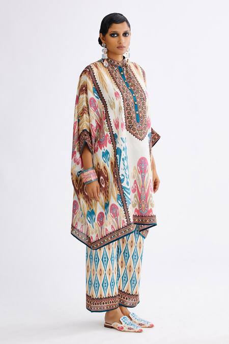 Shop Rajdeep Ranawat Multi Color Silk Round Neck Abstract Mandala Print Tunic With Pant Online at Aza Fashions Shop_Rajdeep Ranawat_Multi Color Silk Round Neck Abstract Mandala Print Tunic With Pant_Online_at_Aza_Fashions